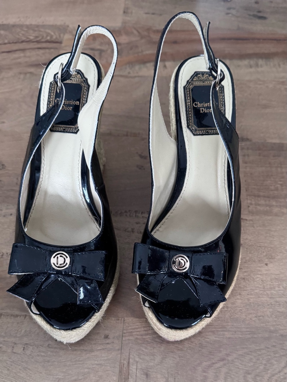 Christian Dior Sandals Size 37 euro 7 us Wedge Sole Ribbon Black patent leather